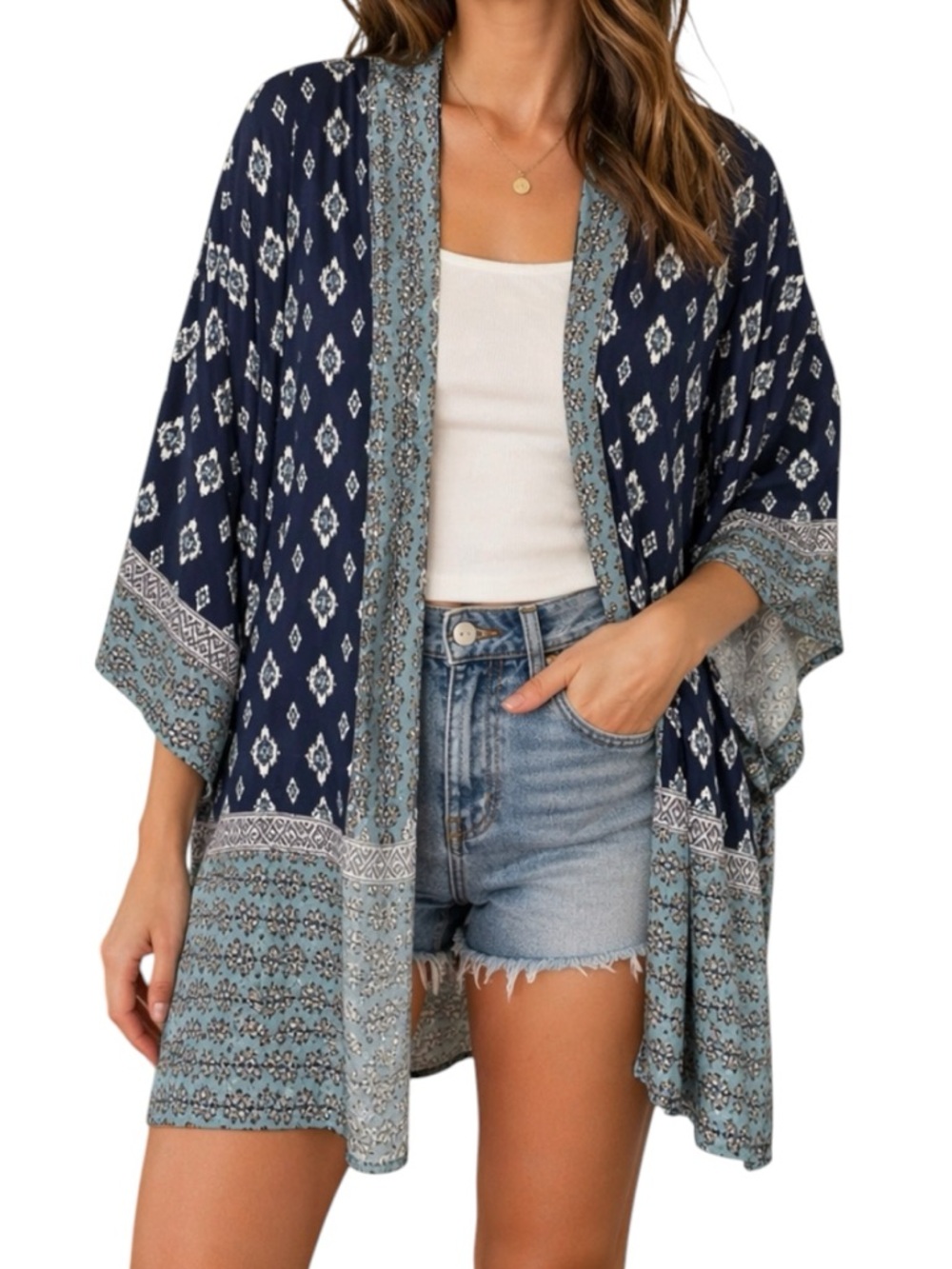 Knox Rose Navy & Sage Printed Open-Front Kimono Cardigan